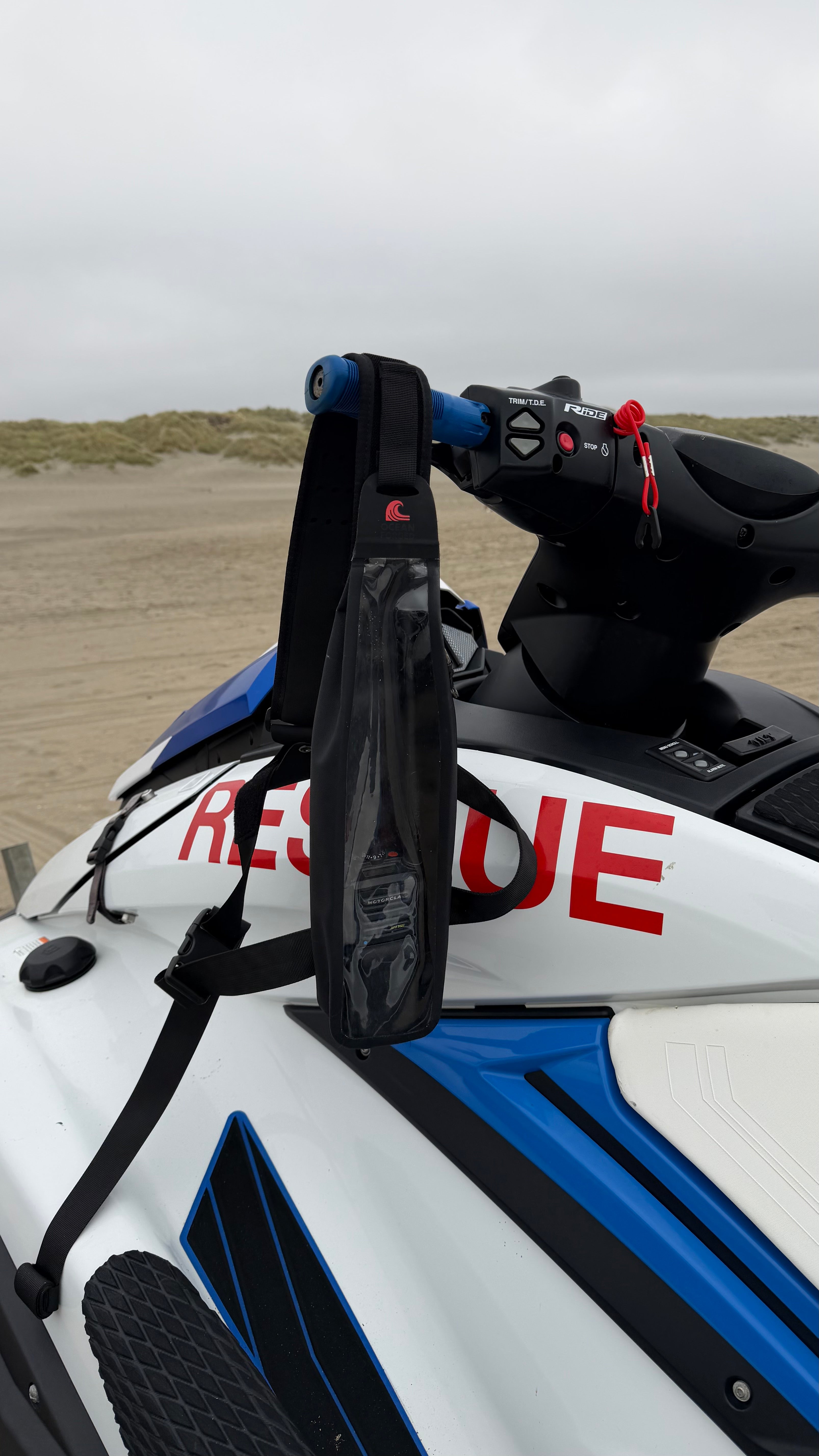 Radio dry bag mounted on rescue jet ski